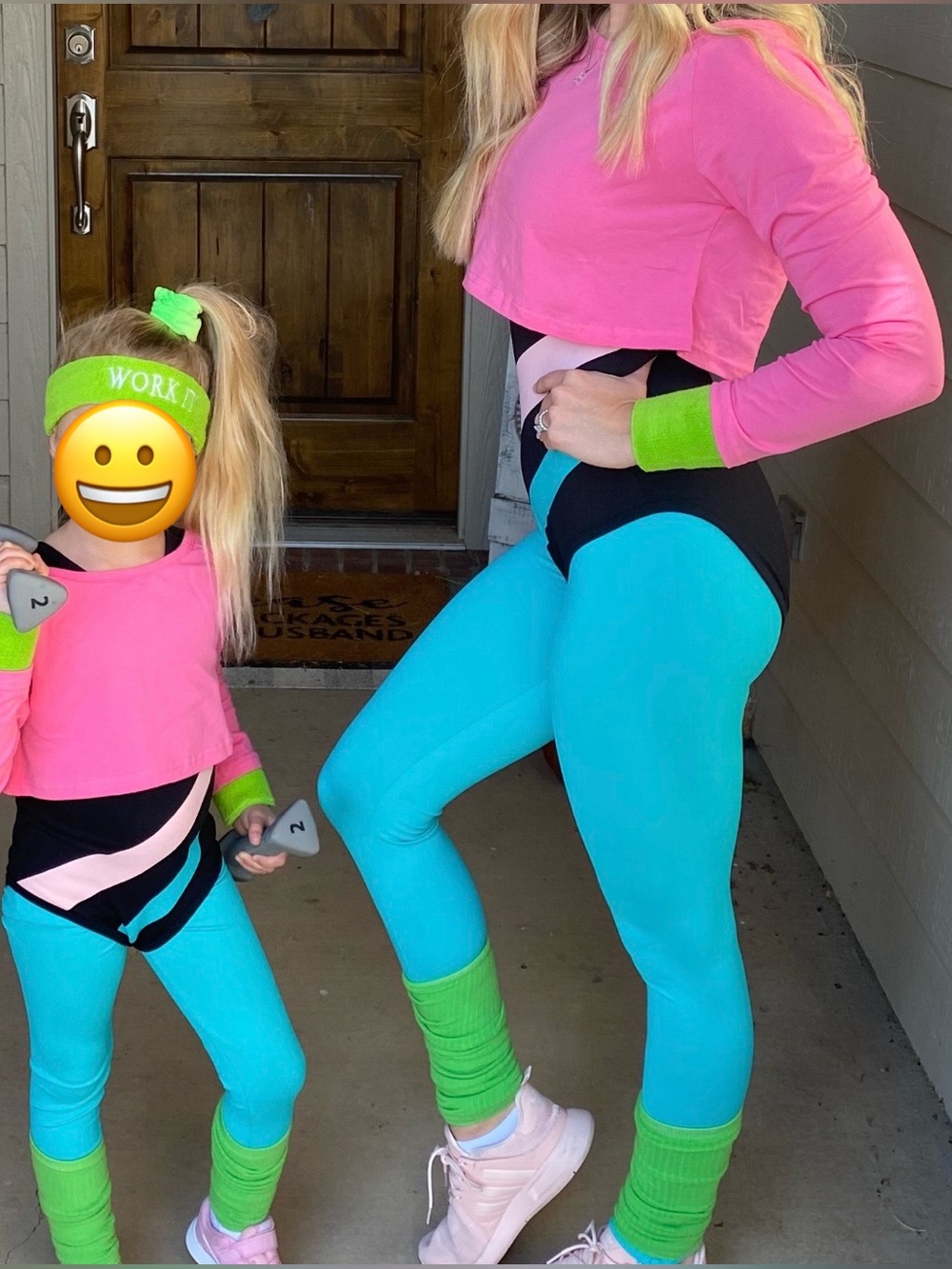 80s costume
Bright Turquoise Leggings with pink crop top & Colorblock bodysuit